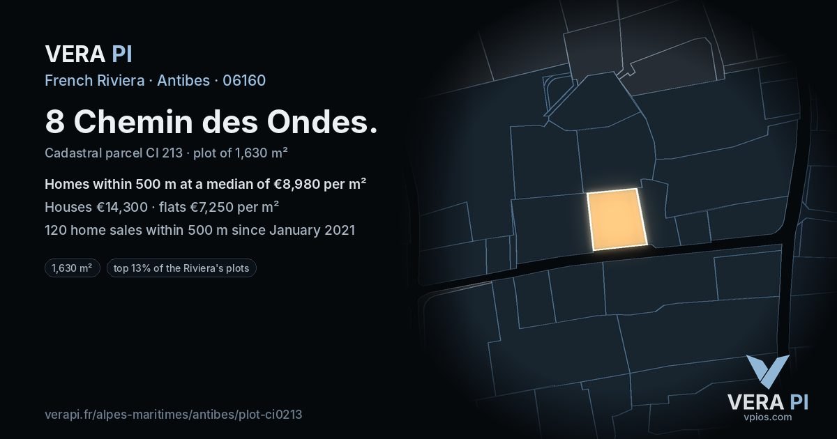 8 Chemin des Ondes, Antibes at night – the plot lit, the parcels around coloured by the prices near them
