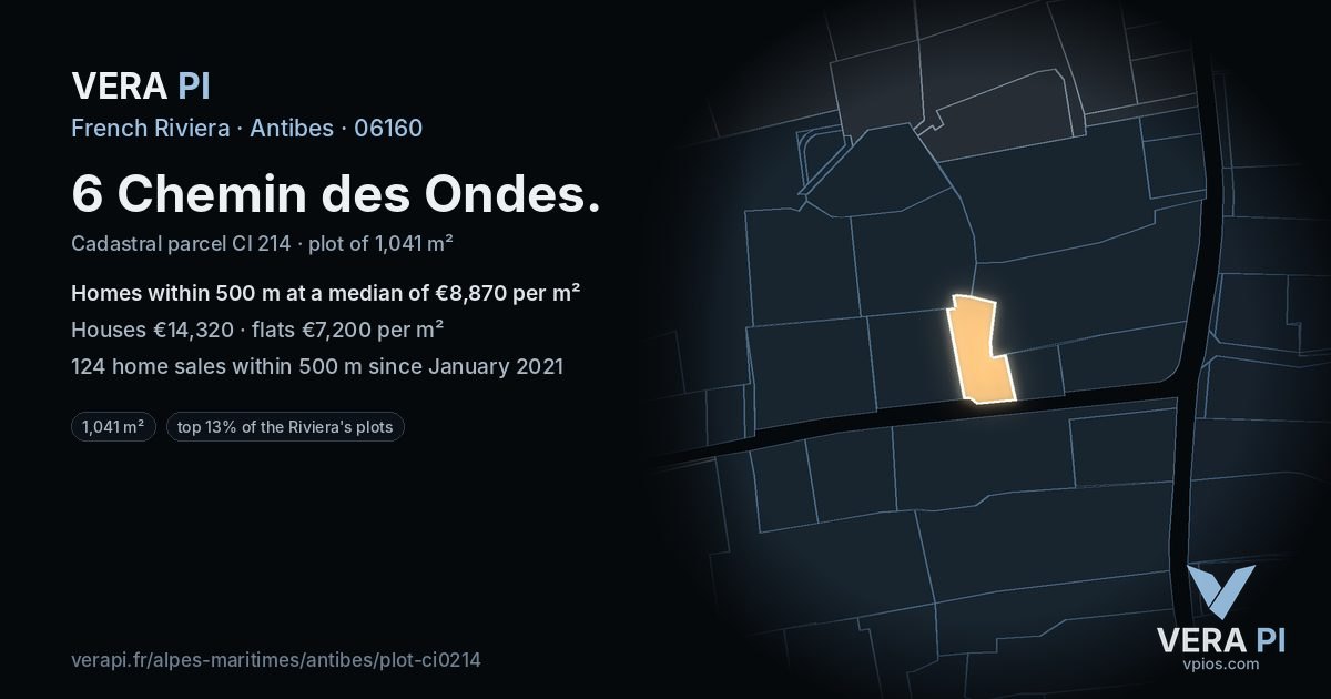 6 Chemin des Ondes, Antibes at night – the plot lit, the parcels around coloured by the prices near them