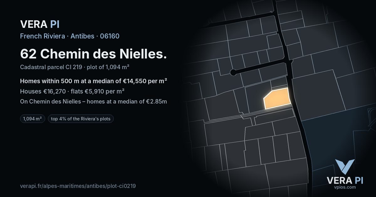 62 Chemin des Nielles, Antibes at night – the plot lit, the parcels around coloured by the prices near them