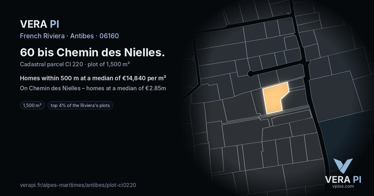 60 bis Chemin des Nielles, Antibes at night – the plot lit, the parcels around coloured by the prices near them