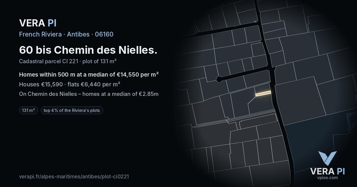 60 bis Chemin des Nielles, Antibes at night – the plot lit, the parcels around coloured by the prices near them
