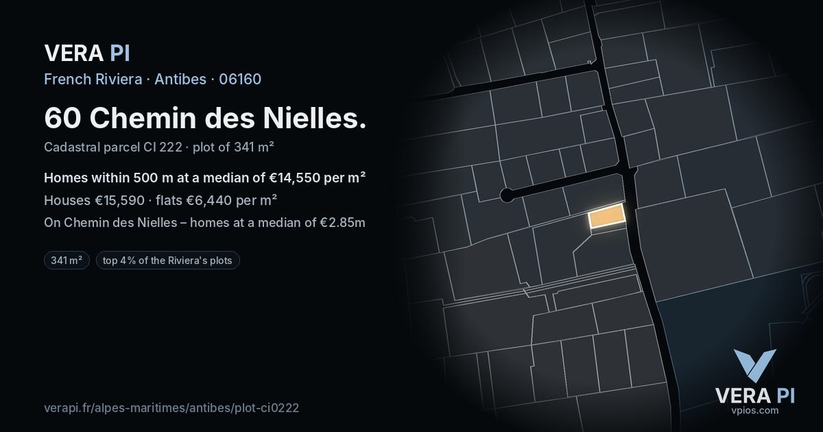 60 Chemin des Nielles, Antibes at night – the plot lit, the parcels around coloured by the prices near them