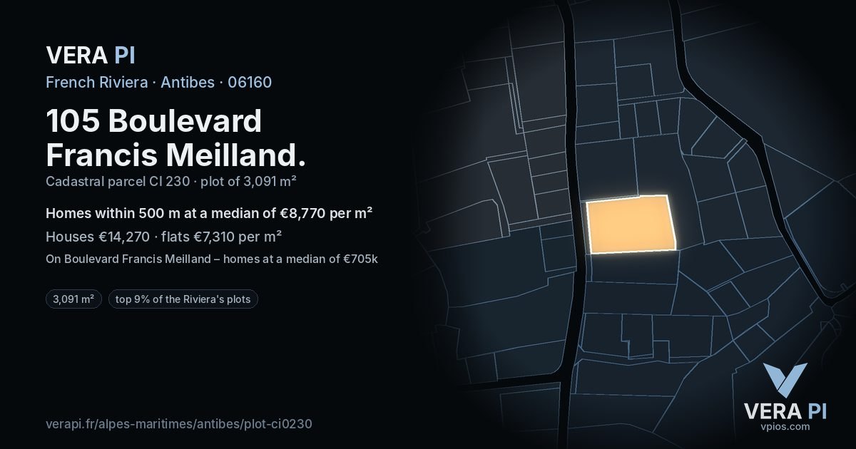 105 Boulevard Francis Meilland, Antibes at night – the plot lit, the parcels around coloured by the prices near them