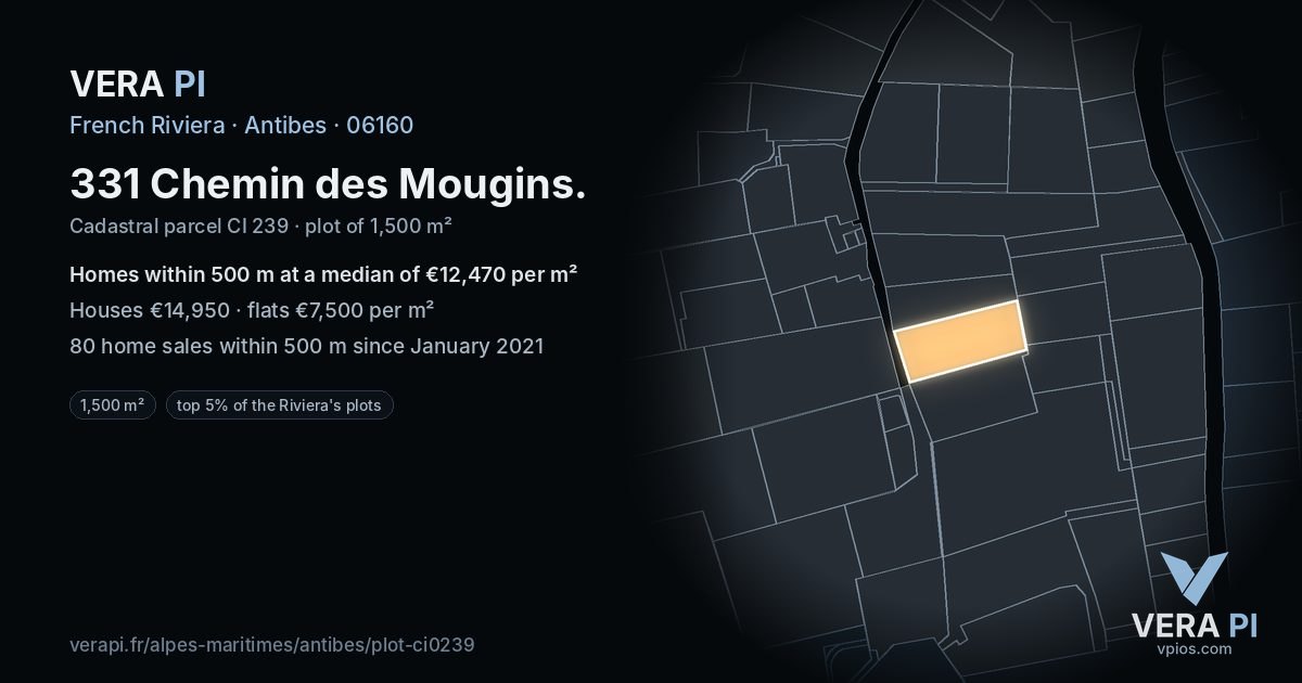 331 Chemin des Mougins, Antibes at night – the plot lit, the parcels around coloured by the prices near them