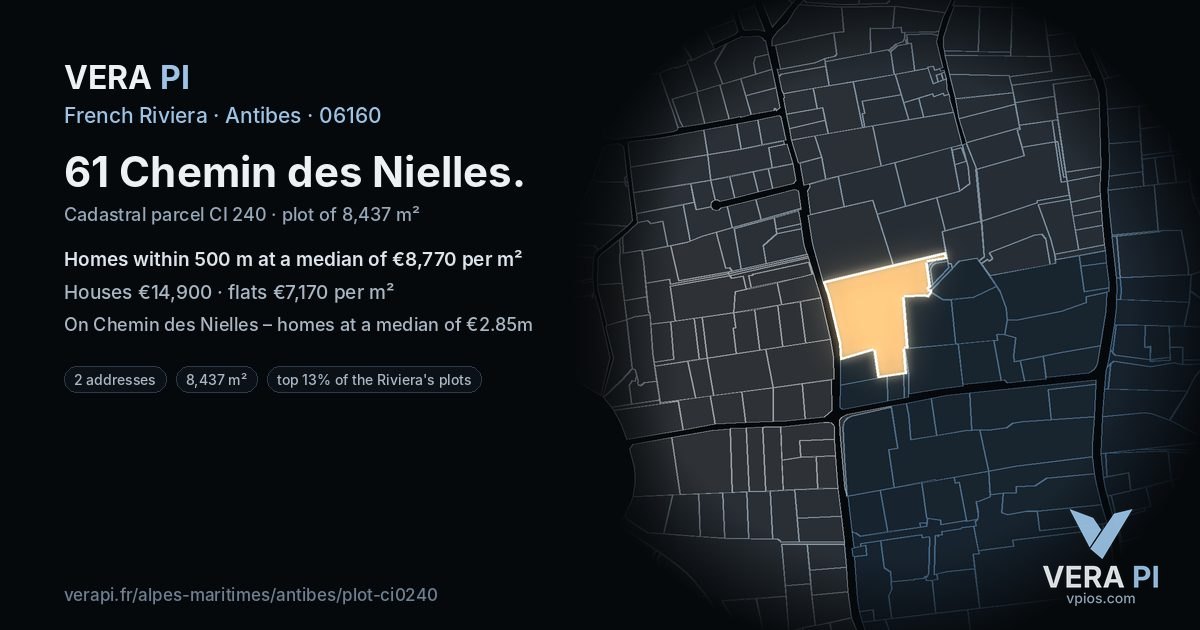 61 Chemin des Nielles, Antibes at night – the plot lit, the parcels around coloured by the prices near them