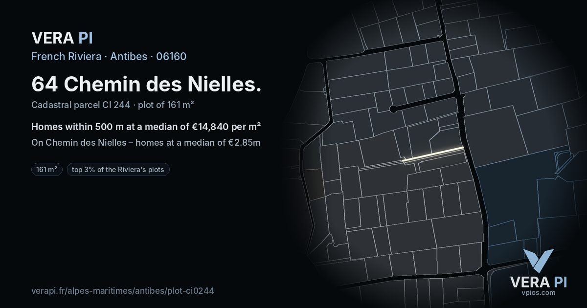 64 Chemin des Nielles, Antibes at night – the plot lit, the parcels around coloured by the prices near them