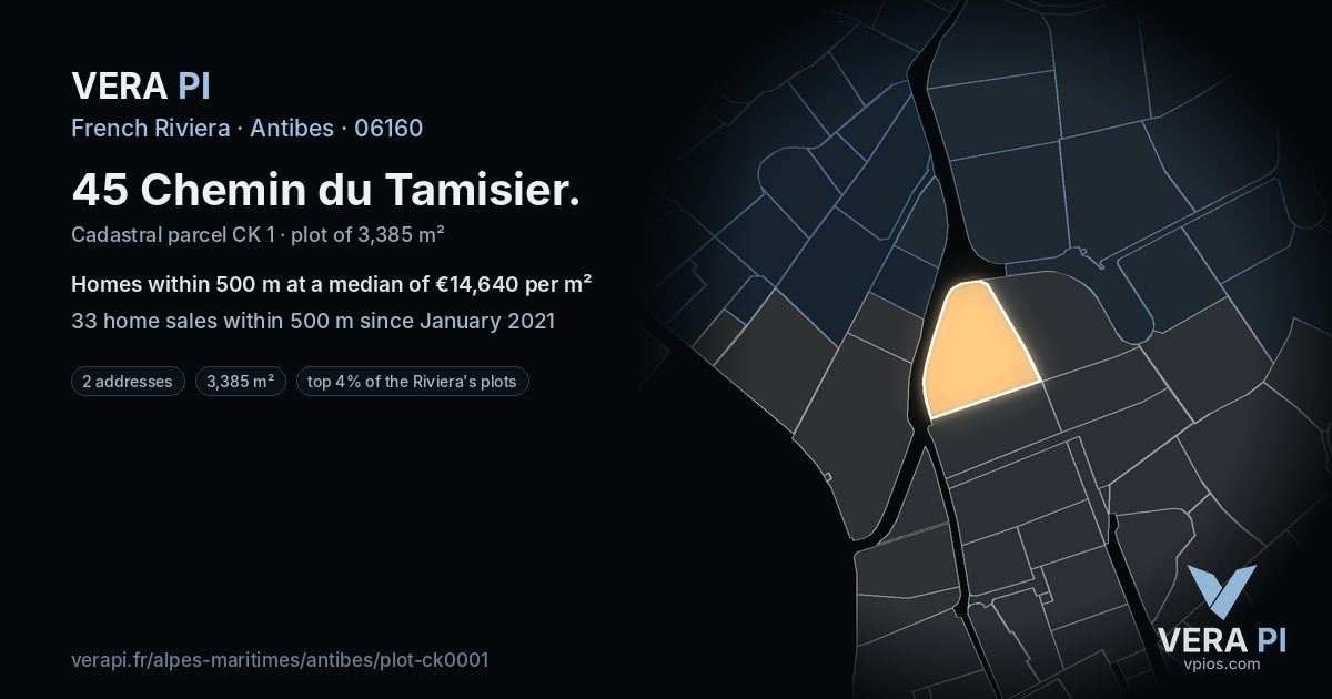 45 Chemin du Tamisier, Antibes at night – the plot lit, the parcels around coloured by the prices near them