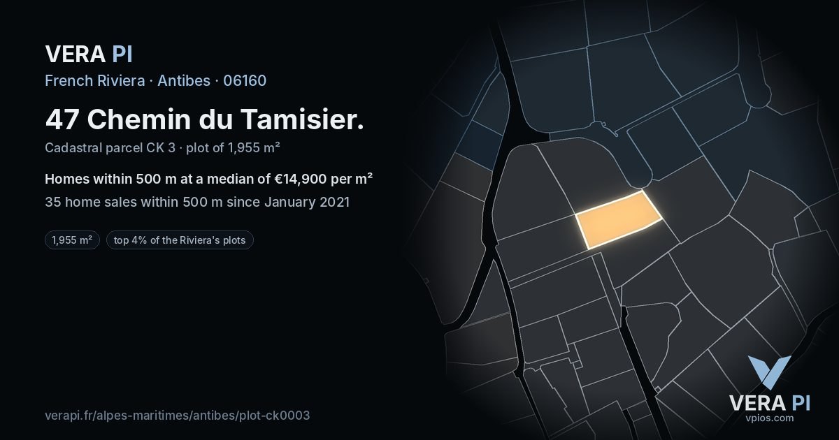 47 Chemin du Tamisier, Antibes at night – the plot lit, the parcels around coloured by the prices near them