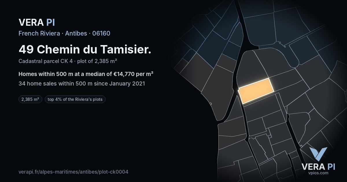 49 Chemin du Tamisier, Antibes at night – the plot lit, the parcels around coloured by the prices near them