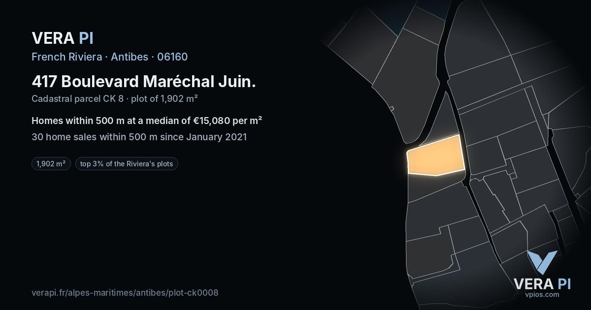 417 Boulevard Maréchal Juin, Antibes at night – the plot lit, the parcels around coloured by the prices near them