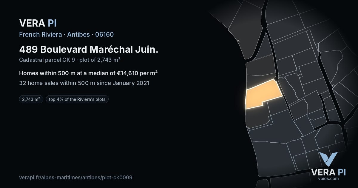 489 Boulevard Maréchal Juin, Antibes at night – the plot lit, the parcels around coloured by the prices near them