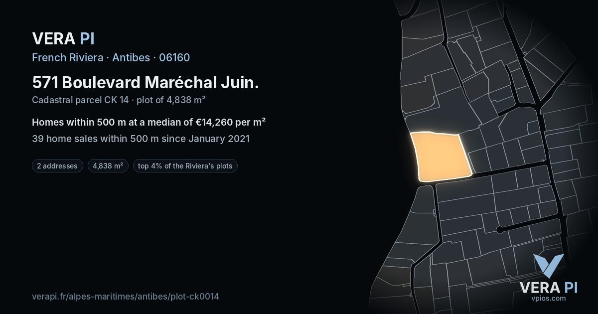 571 Boulevard Maréchal Juin, Antibes at night – the plot lit, the parcels around coloured by the prices near them