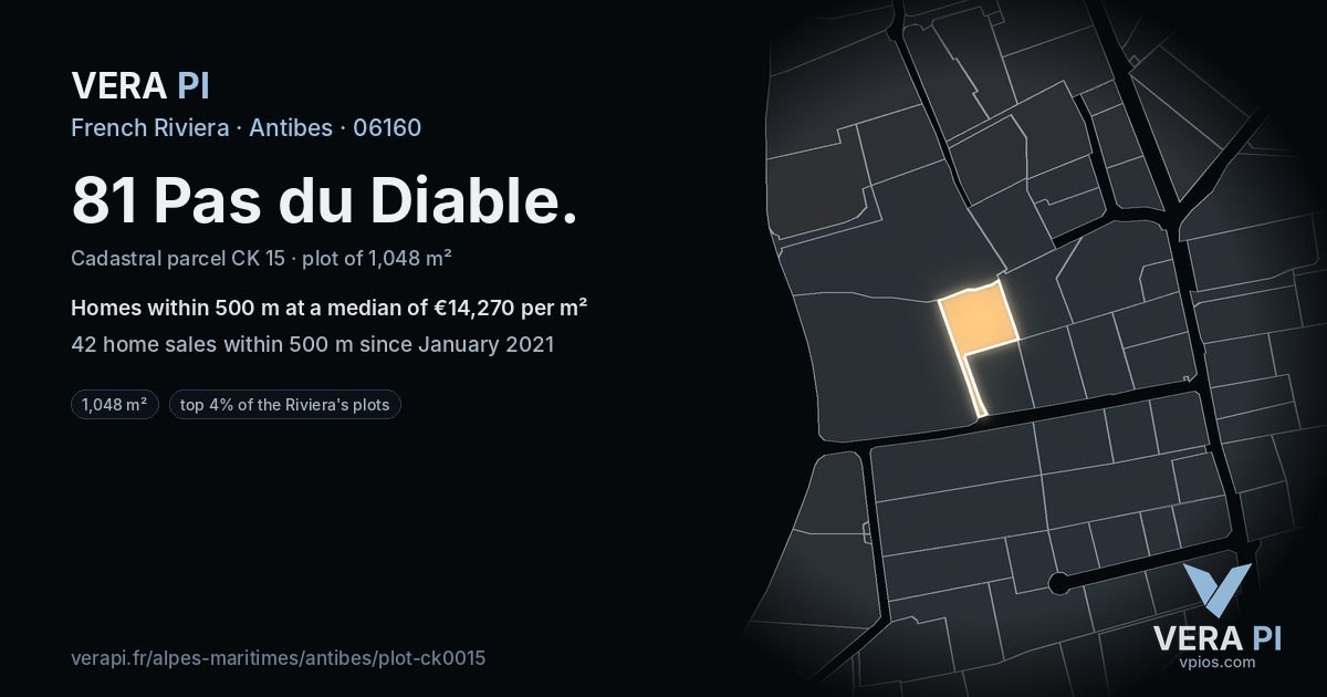 81 Pas du Diable, Antibes at night – the plot lit, the parcels around coloured by the prices near them