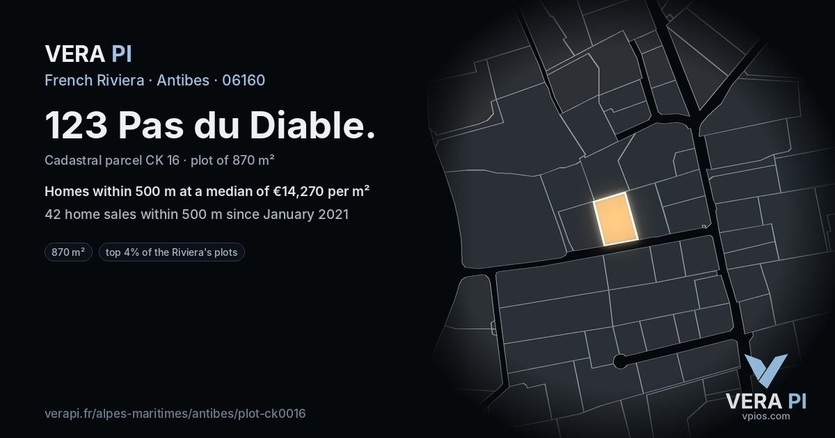 123 Pas du Diable, Antibes at night – the plot lit, the parcels around coloured by the prices near them