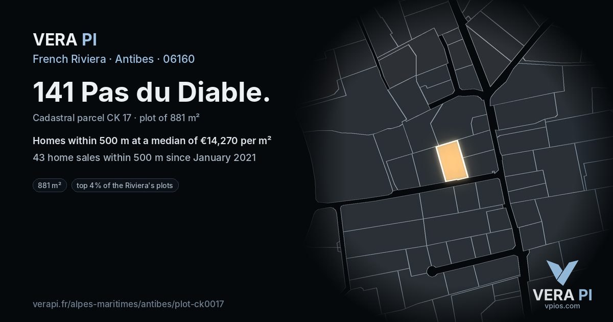 141 Pas du Diable, Antibes at night – the plot lit, the parcels around coloured by the prices near them