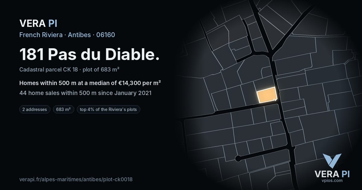 181 Pas du Diable, Antibes at night – the plot lit, the parcels around coloured by the prices near them