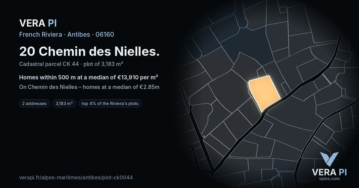 20 Chemin des Nielles, Antibes at night – the plot lit, the parcels around coloured by the prices near them