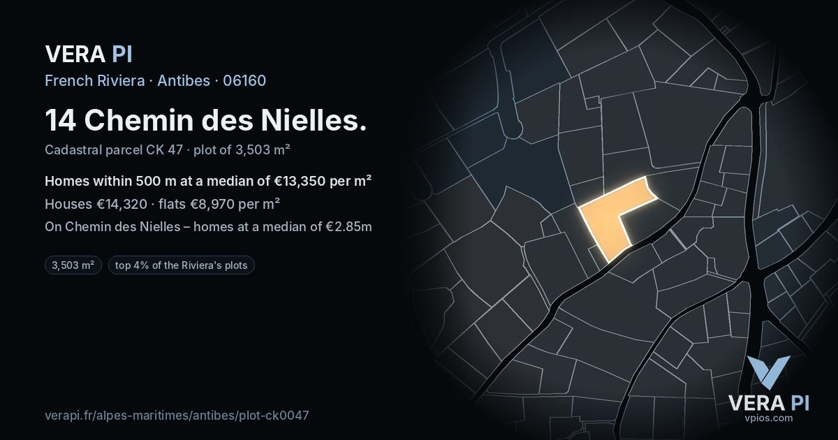 14 Chemin des Nielles, Antibes at night – the plot lit, the parcels around coloured by the prices near them