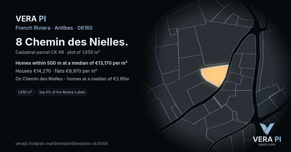 8 Chemin des Nielles, Antibes at night – the plot lit, the parcels around coloured by the prices near them