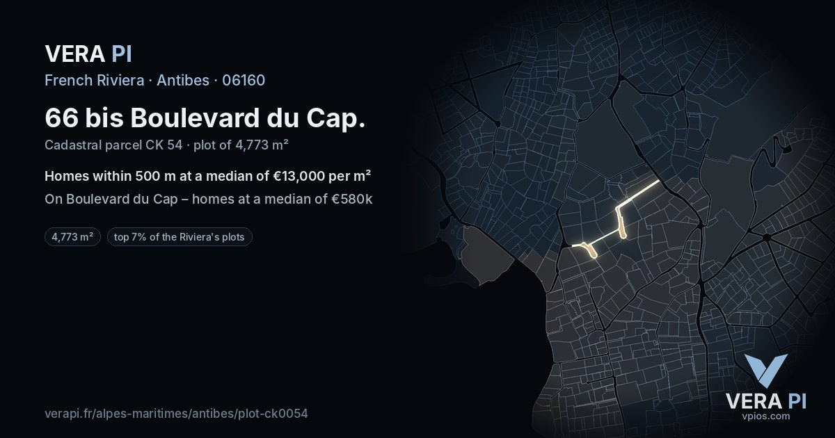 66 bis Boulevard du Cap, Antibes at night – the plot lit, the parcels around coloured by the prices near them