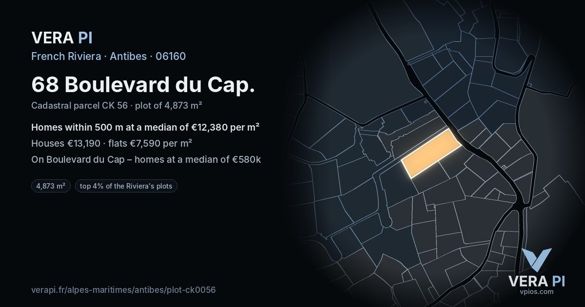 68 Boulevard du Cap, Antibes at night – the plot lit, the parcels around coloured by the prices near them