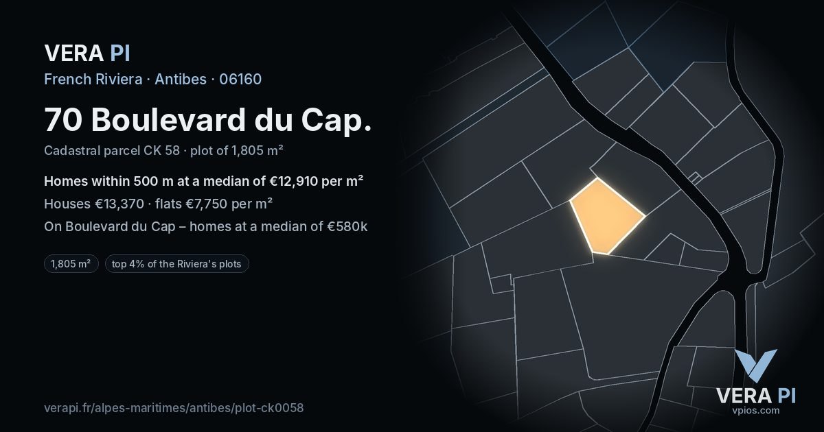 70 Boulevard du Cap, Antibes at night – the plot lit, the parcels around coloured by the prices near them
