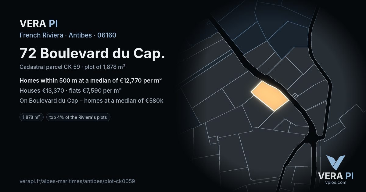 72 Boulevard du Cap, Antibes at night – the plot lit, the parcels around coloured by the prices near them