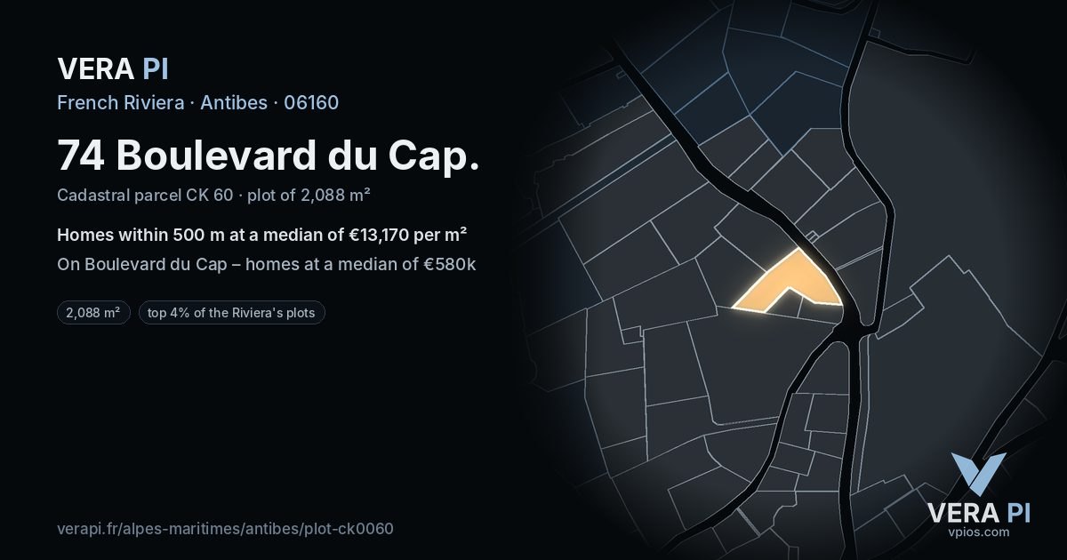 74 Boulevard du Cap, Antibes at night – the plot lit, the parcels around coloured by the prices near them
