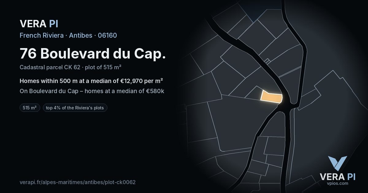 76 Boulevard du Cap, Antibes at night – the plot lit, the parcels around coloured by the prices near them