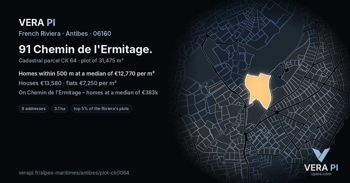 91 Chemin de l'Ermitage, Antibes at night – the plot lit, the parcels around coloured by the prices near them
