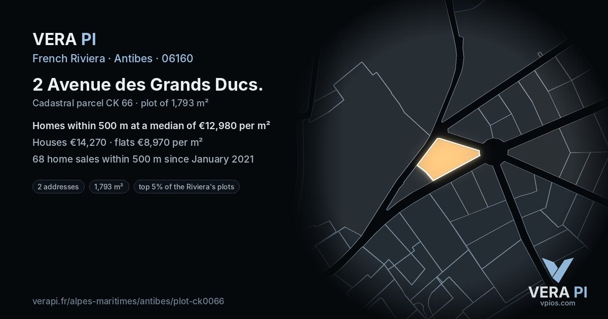 2 Avenue des Grands Ducs, Antibes at night – the plot lit, the parcels around coloured by the prices near them