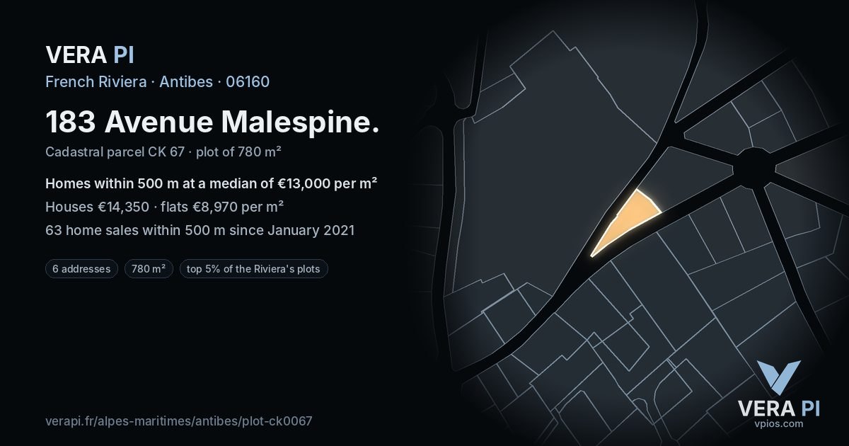 183 Avenue Malespine, Antibes at night – the plot lit, the parcels around coloured by the prices near them