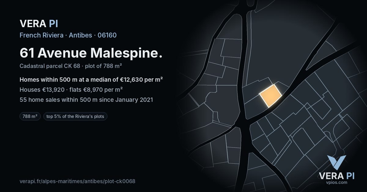 61 Avenue Malespine, Antibes at night – the plot lit, the parcels around coloured by the prices near them