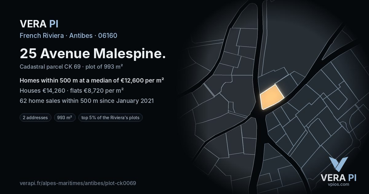 25 Avenue Malespine, Antibes at night – the plot lit, the parcels around coloured by the prices near them