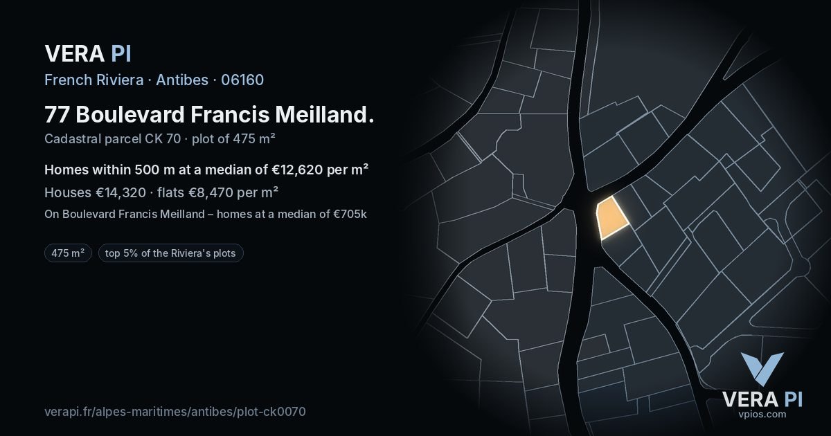 77 Boulevard Francis Meilland, Antibes at night – the plot lit, the parcels around coloured by the prices near them