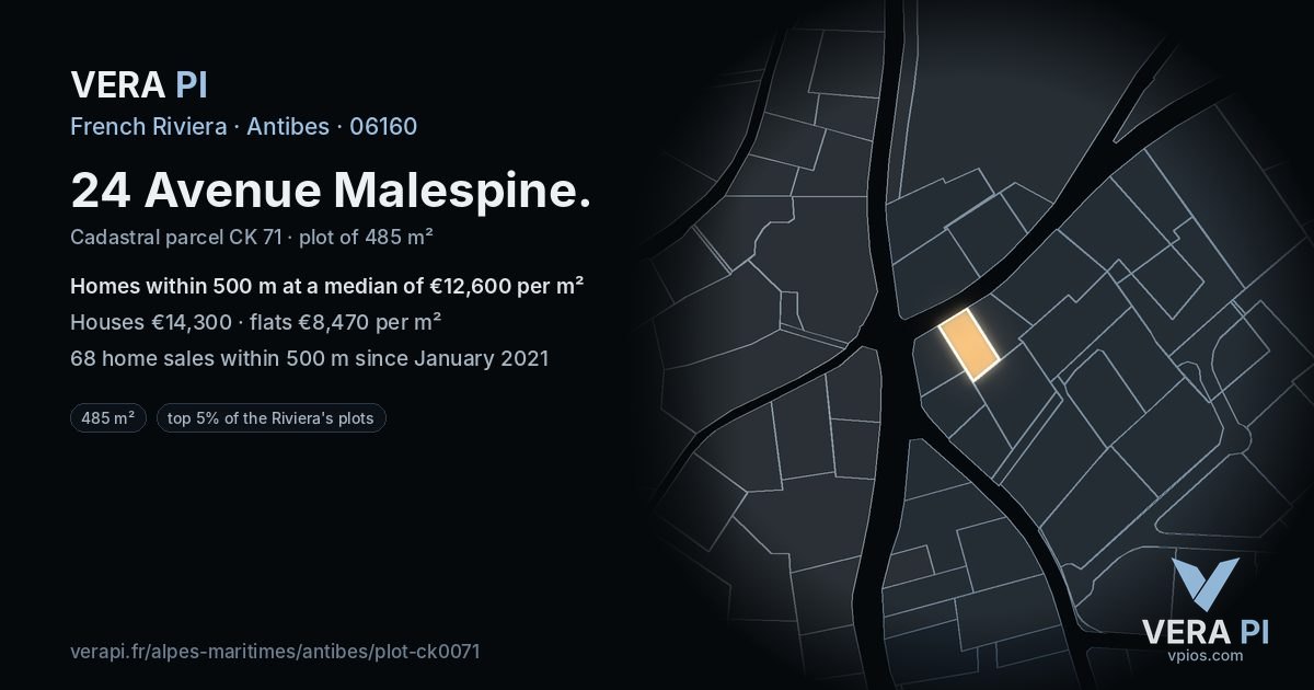 24 Avenue Malespine, Antibes at night – the plot lit, the parcels around coloured by the prices near them