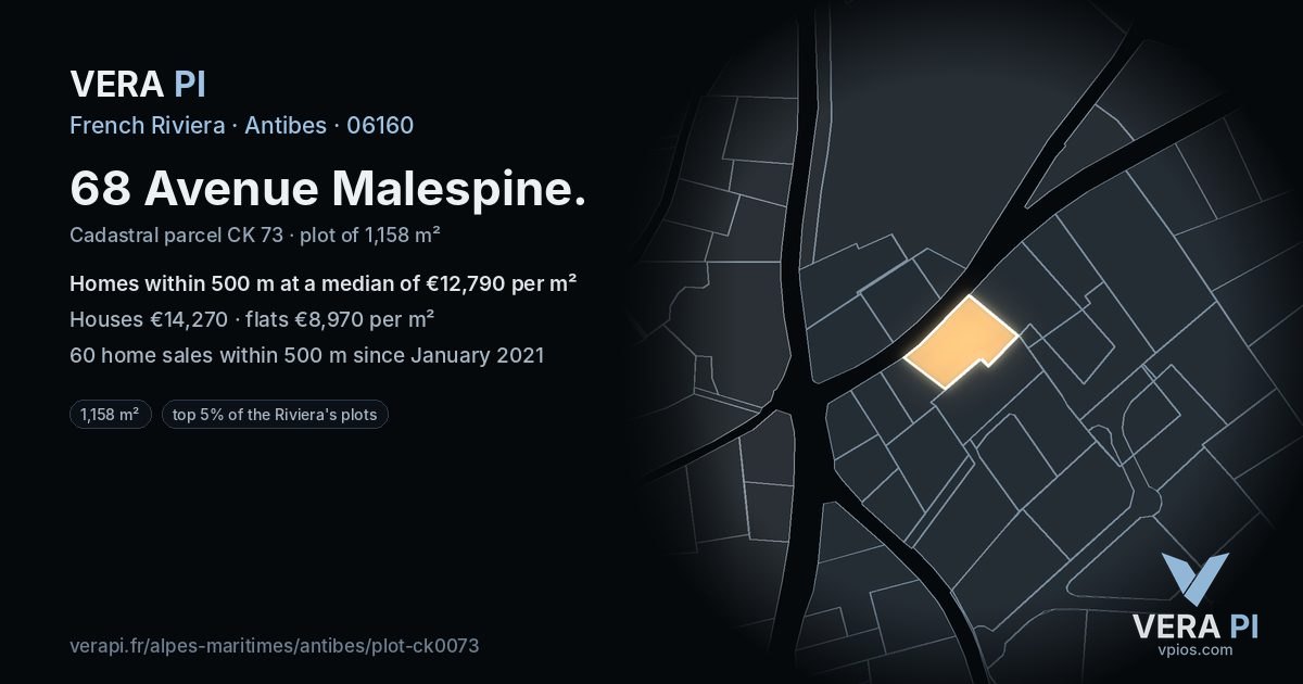 68 Avenue Malespine, Antibes at night – the plot lit, the parcels around coloured by the prices near them