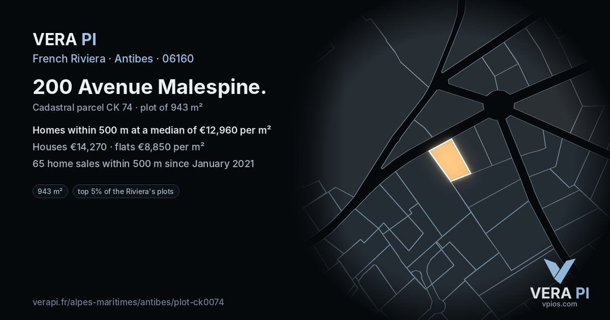 200 Avenue Malespine, Antibes at night – the plot lit, the parcels around coloured by the prices near them