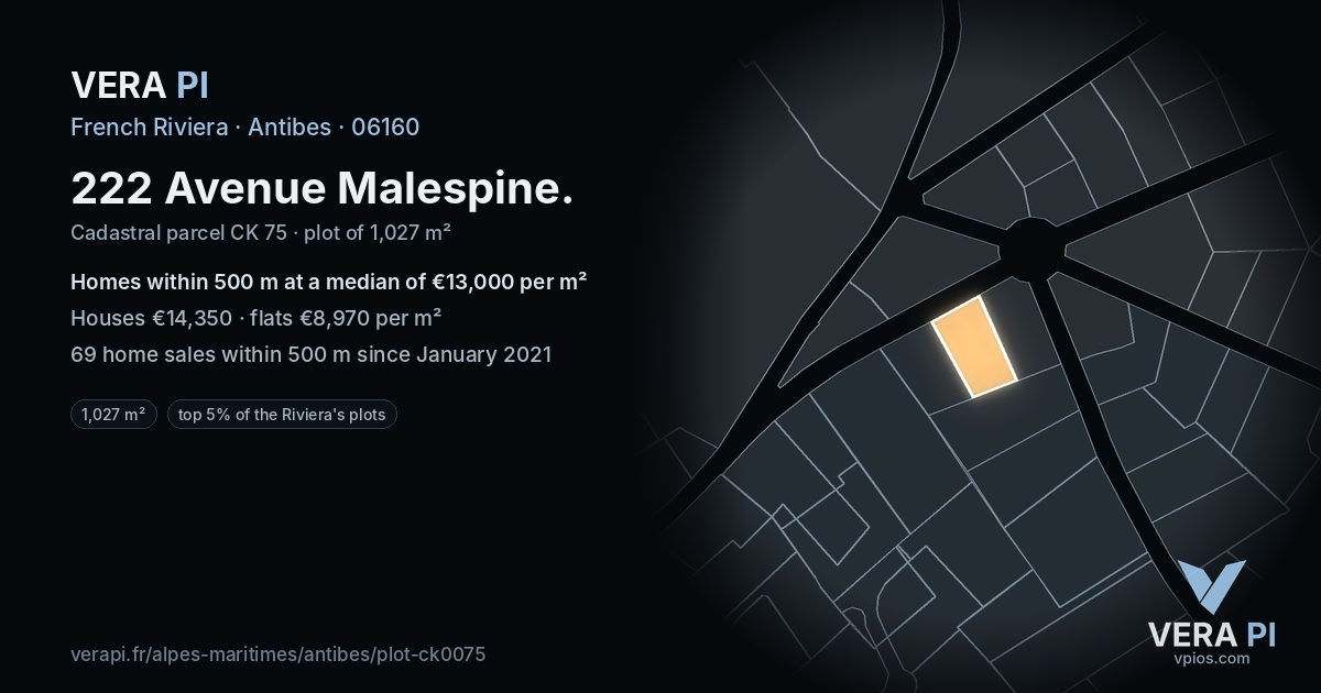 222 Avenue Malespine, Antibes at night – the plot lit, the parcels around coloured by the prices near them