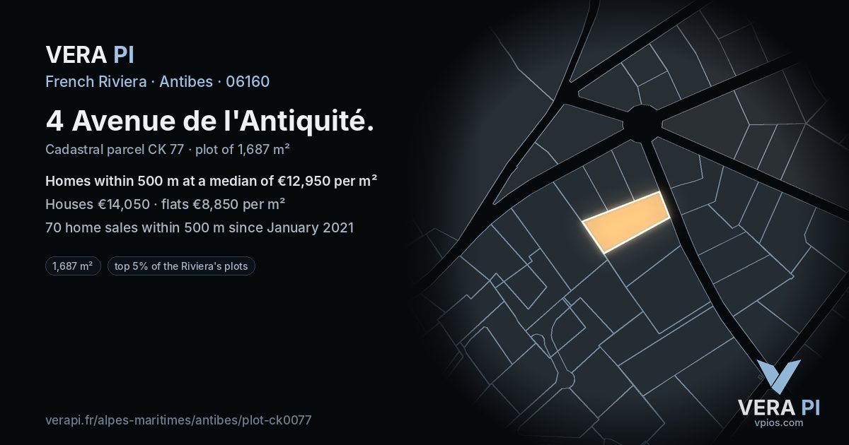 4 Avenue de l'Antiquité, Antibes at night – the plot lit, the parcels around coloured by the prices near them