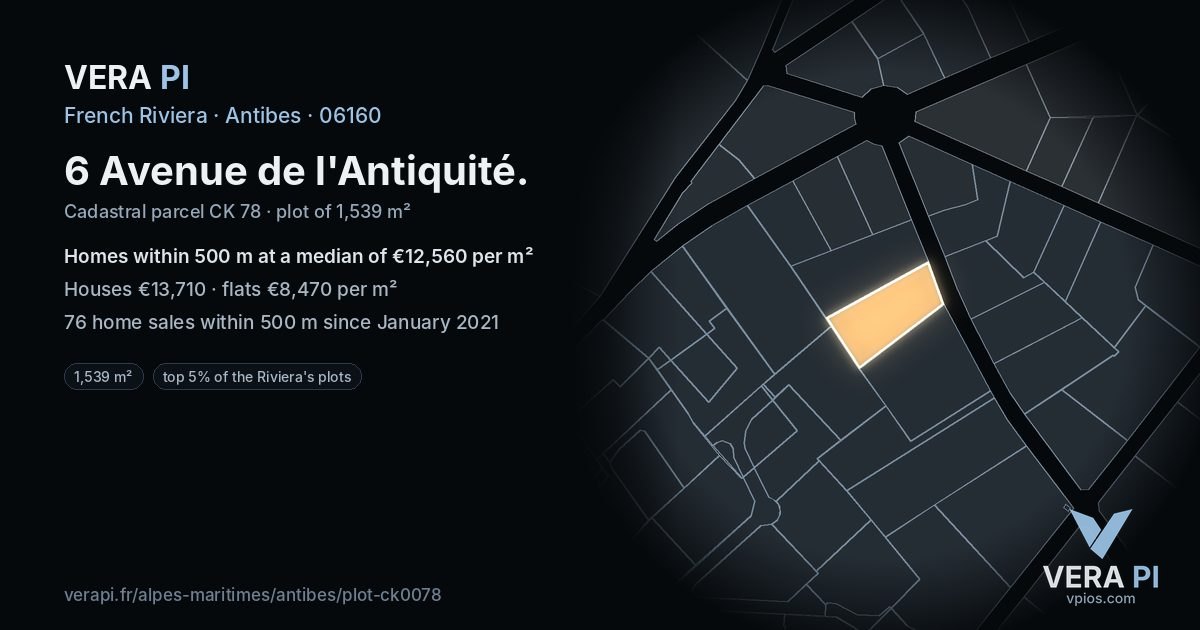6 Avenue de l'Antiquité, Antibes at night – the plot lit, the parcels around coloured by the prices near them