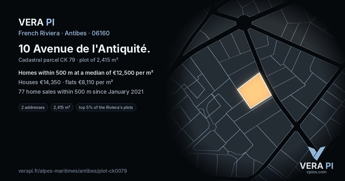 10 Avenue de l'Antiquité, Antibes at night – the plot lit, the parcels around coloured by the prices near them
