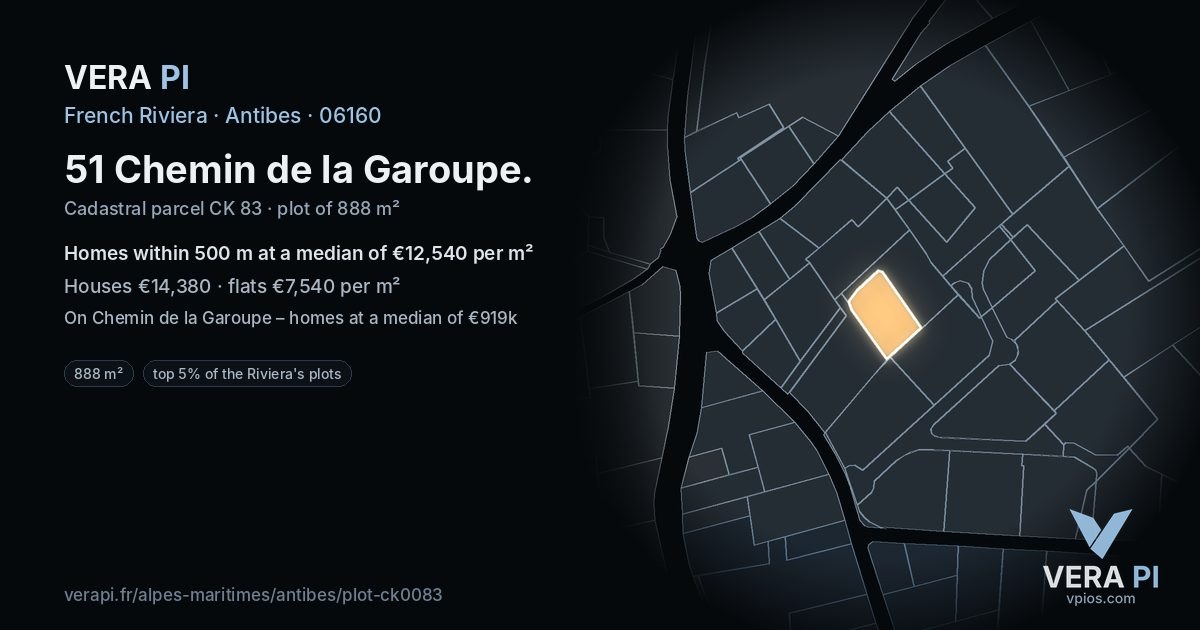 51 Chemin de la Garoupe, Antibes at night – the plot lit, the parcels around coloured by the prices near them