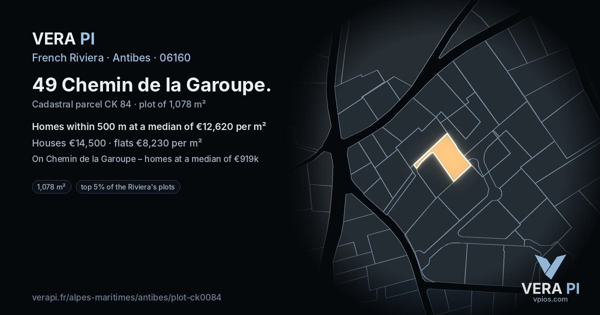 49 Chemin de la Garoupe, Antibes at night – the plot lit, the parcels around coloured by the prices near them
