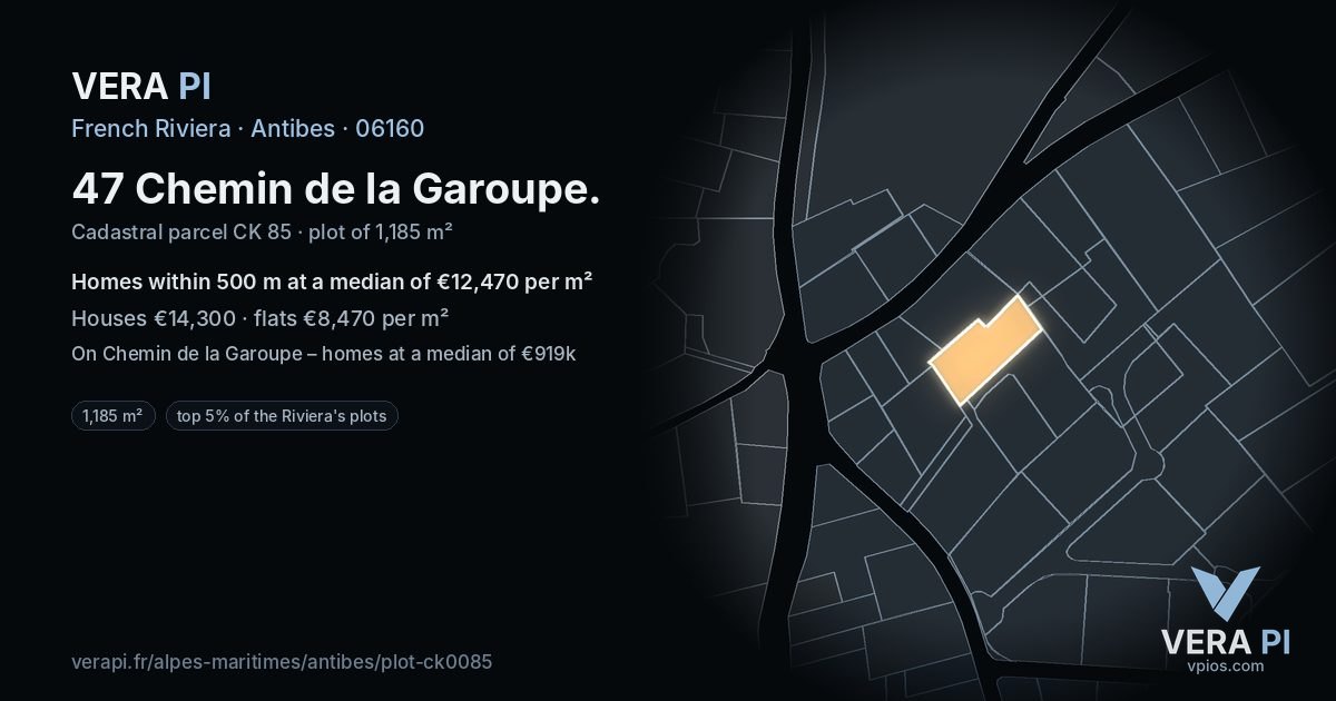 47 Chemin de la Garoupe, Antibes at night – the plot lit, the parcels around coloured by the prices near them