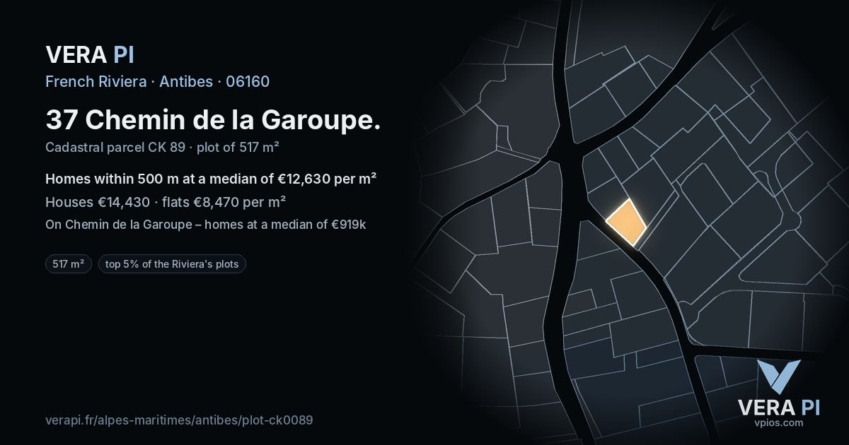37 Chemin de la Garoupe, Antibes at night – the plot lit, the parcels around coloured by the prices near them