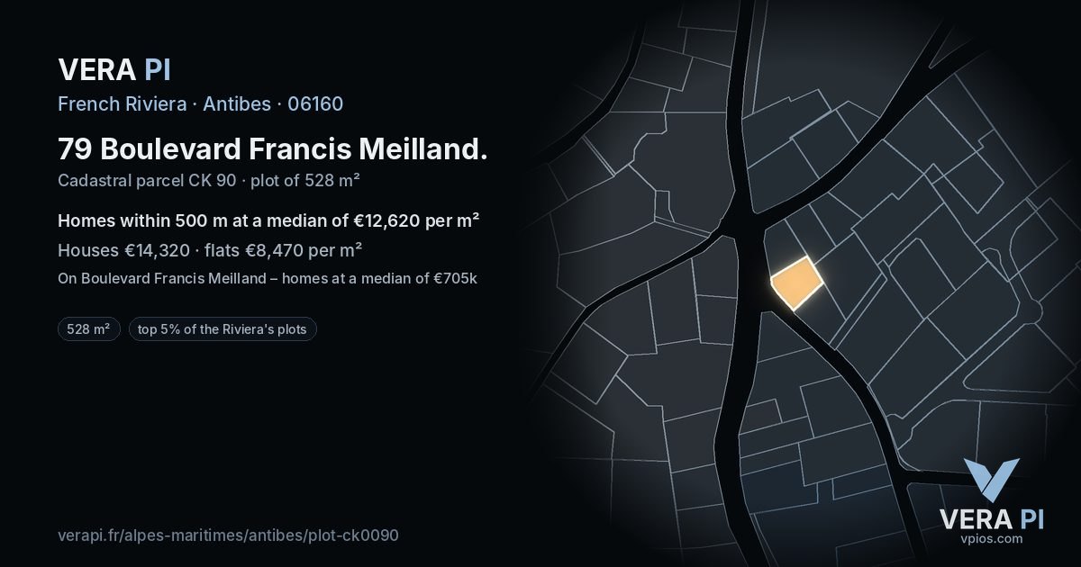 79 Boulevard Francis Meilland, Antibes at night – the plot lit, the parcels around coloured by the prices near them