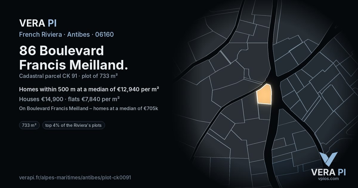 86 Boulevard Francis Meilland, Antibes at night – the plot lit, the parcels around coloured by the prices near them