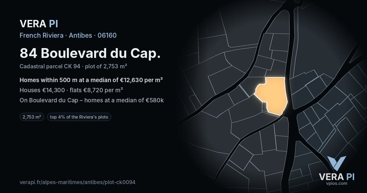 84 Boulevard du Cap, Antibes at night – the plot lit, the parcels around coloured by the prices near them