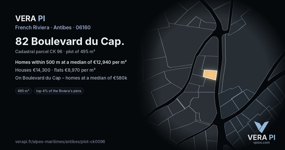 82 Boulevard du Cap, Antibes at night – the plot lit, the parcels around coloured by the prices near them